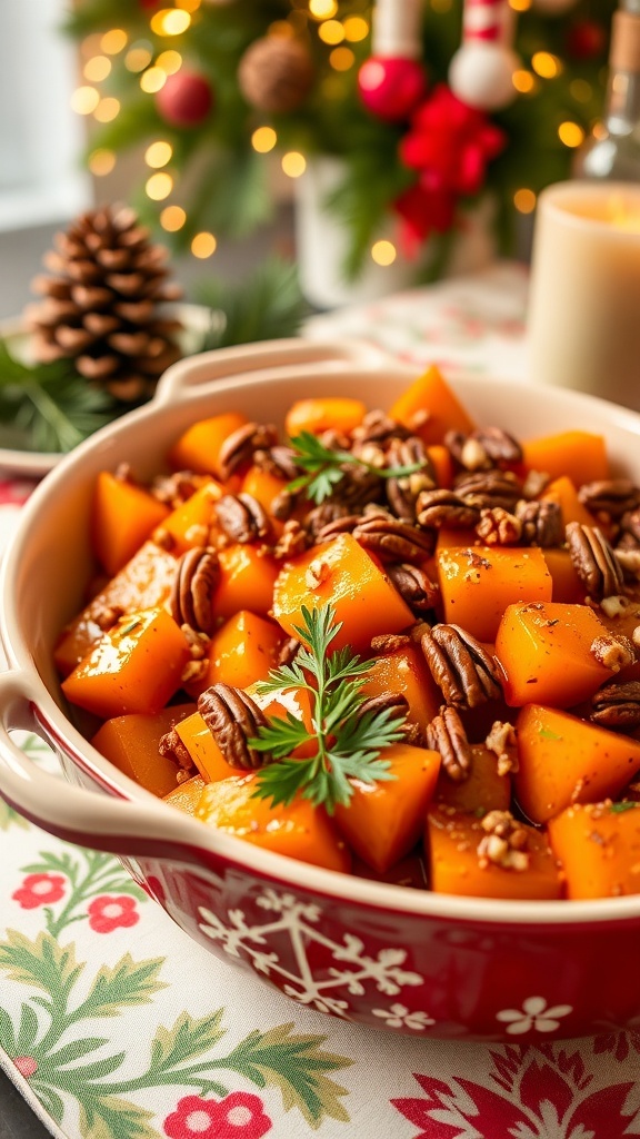 Maple glazed yams in a serving dish, topped with pecans and parsley, on a festive holiday table.